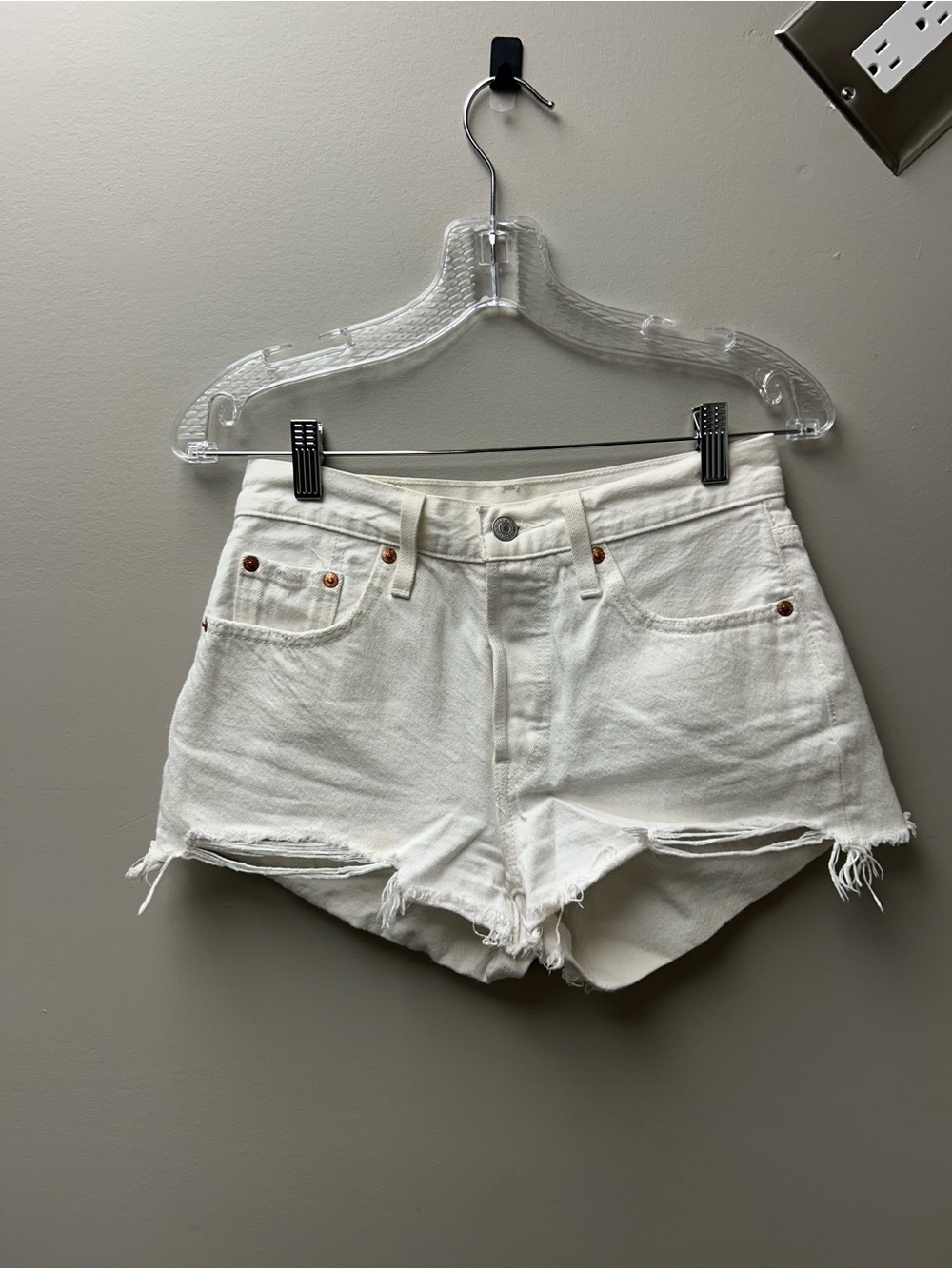 Levi’s Women’s 501 Cut-Off White High Rise Raw Hem Jean Shorts